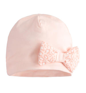 Cappello neonato modello cuffia con fiocco animalier ROSA Minibanda