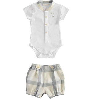 Completino neonato con body effetto camicia e pantalone corto BIANCO Minibanda
