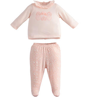 Tutina neonata due pezzi in jersey di cotone con fantasia animalier ROSA Minibanda