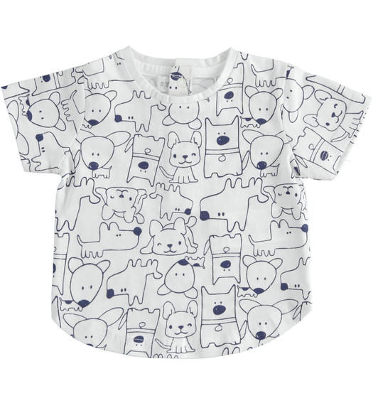 T-shirt neonato 100% cotone stampa all over cagnolini da 1 a 24 mesi Minibanda BIANCO-NAVY-6SH5