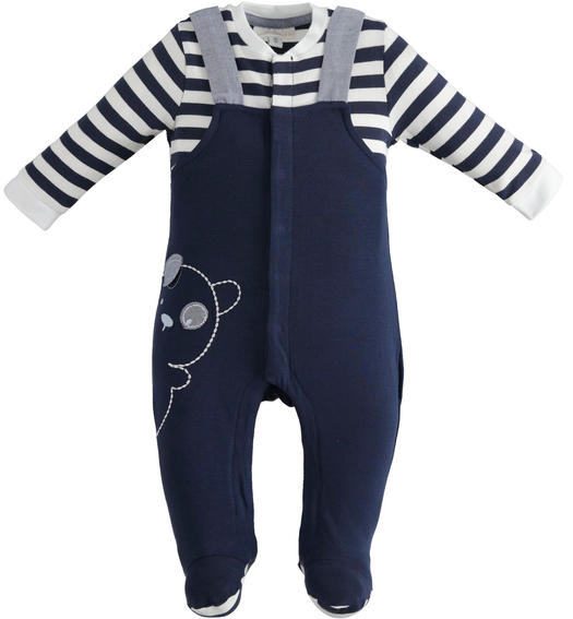 Tutina neonato con piedini in jersey stretch effetto salopette da 0 a 18 mesi Minibanda NAVY-3854