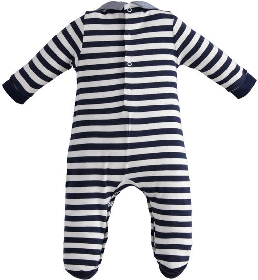 Tutina neonato estiva con piedini in jersey fantasia rigata da 0 a 18 mesi Minibanda NAVY-3854